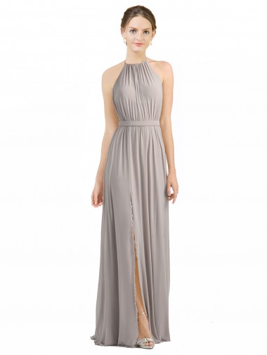 Low Back Oyster Silver Soft Chiffon Halter Neck Long Sleeveless Bridesmaid Dress Toowoomba