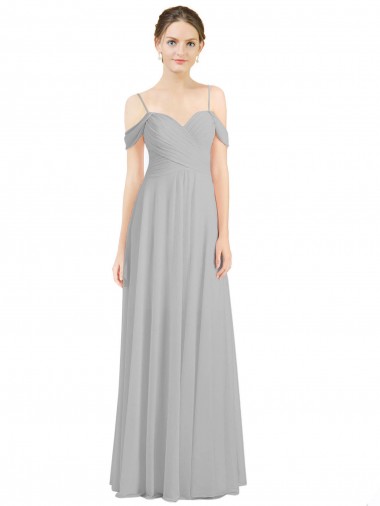 Low Back Silver Lxue Chiffon Off the Shoulder Long Sleeveless Bridesmaid Dress Toowoomba