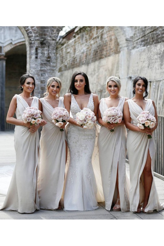 Low Back Soft Chiffon V-Neck Long Sleeveless Bridesmaid Dress Toowoomba