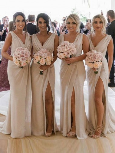 Low Back Soft Chiffon V-Neck Long Sleeveless Bridesmaid Dress Toowoomba