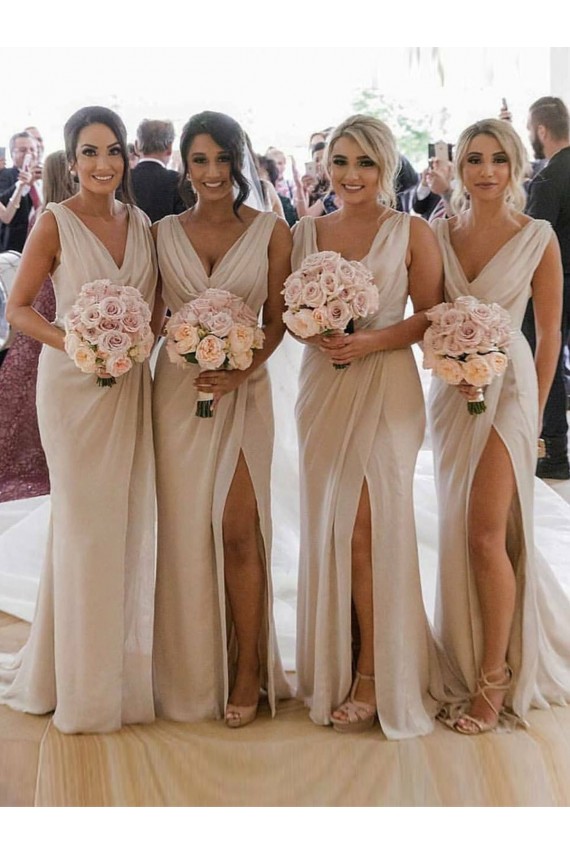 Low Back Soft Chiffon V-Neck Long Sleeveless Bridesmaid Dress Toowoomba