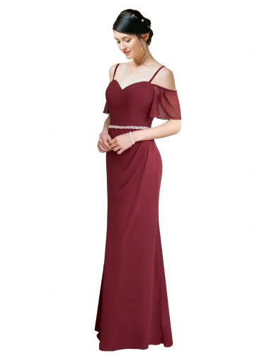 Low Back Burgundy Soft Chiffon Spaghetti Straps Long Cold Shoulder Bridesmaid Dress Toowoomba