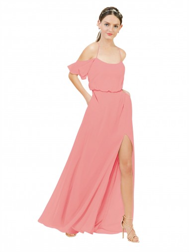 Watermelon Soft Chiffon Off the Shoulder Long Sleeveless Bridesmaid Dress Toowoomba