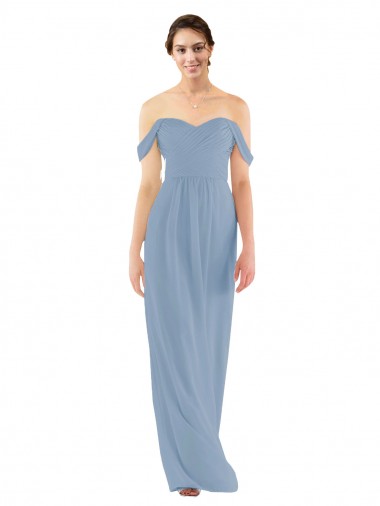 Dusty Blue Soft Chiffon Off the Shoulder Long Sleeveless Bridesmaid Dress Toowoomba