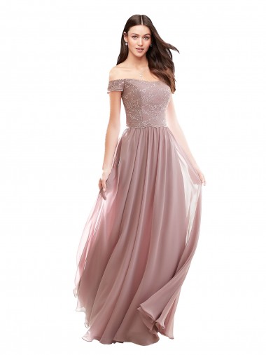 Pink Soft Chiffon & Lace Off the Shoulder Long Cap Sleeves Bridesmaid Dress Toowoomba