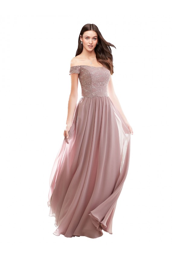 Pink Soft Chiffon & Lace Off the Shoulder Long Cap Sleeves Bridesmaid Dress Toowoomba