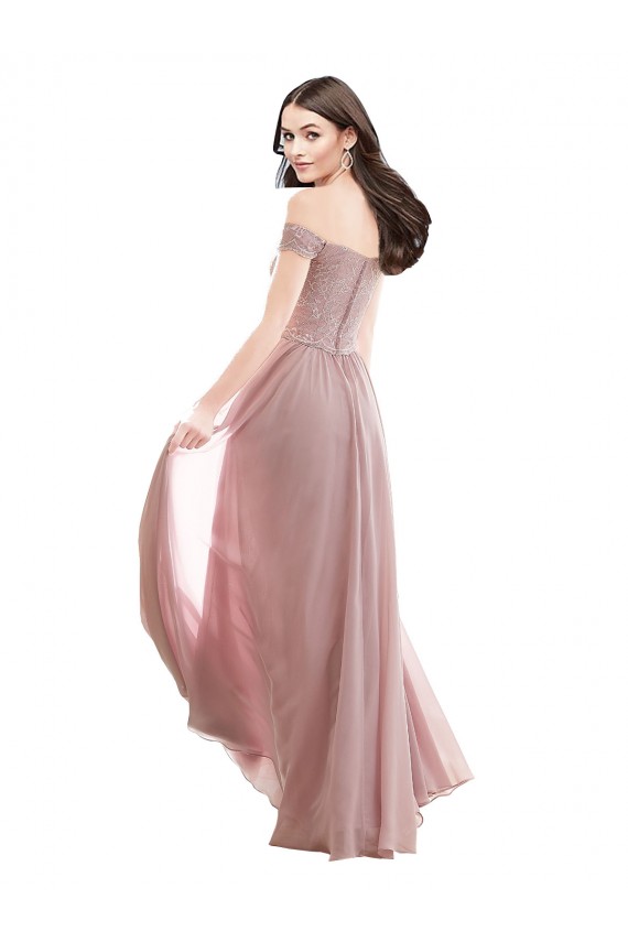 Pink Soft Chiffon & Lace Off the Shoulder Long Cap Sleeves Bridesmaid Dress Toowoomba