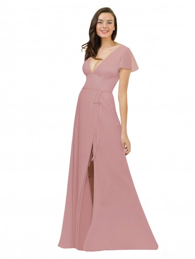 V-Back Dusty Pink Chiffon V-Neck Long Flutter Sleeves Bridesmaid Dress / Evening Dress Toowoomba