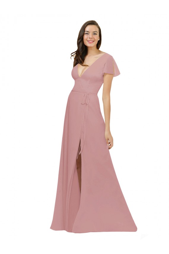 V-Back Dusty Pink Chiffon V-Neck Long Flutter Sleeves Bridesmaid Dress / Evening Dress Toowoomba