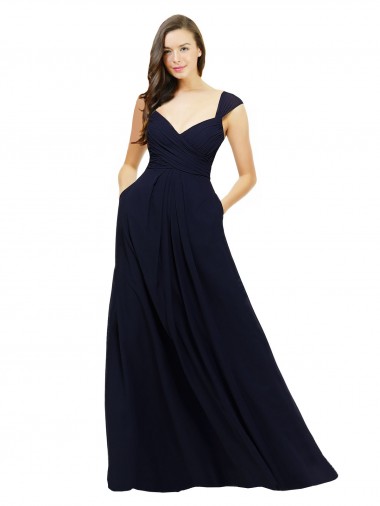 Dark Navy Chiffon Sweetheart Long Sleeveless Bridesmaid Gowns Toowoomba