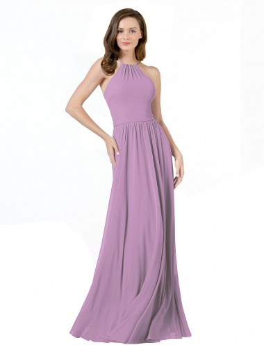Dark Lavender Soft Chiffon Halter Neck Long Sleeveless Bridesmaid Dress Toowoomba
