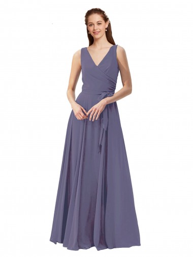 Silver Stone Soft Chiffon V-Neck Long Sleeveless Bridesmaid Dress Toowoomba
