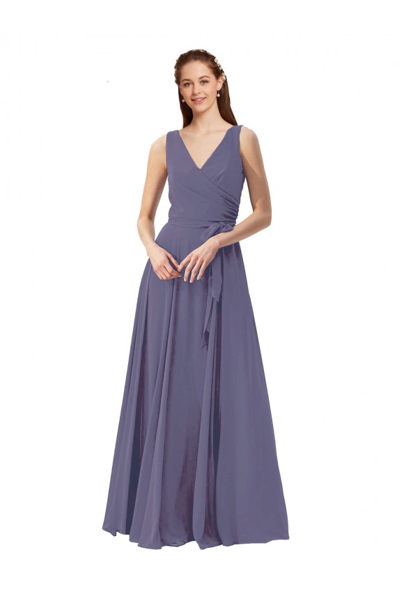 Silver Stone Soft Chiffon V-Neck Long Sleeveless Bridesmaid Dress Toowoomba