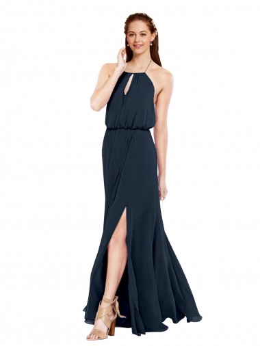 Open Back Dark Navy Chiffon Halter Neck Long Sleeveless Bridesmaid Dress / Evening Dress Toowoomba