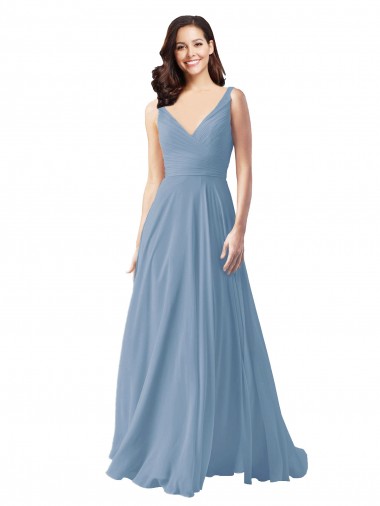 Dusty Blue Chiffon V-Neck Long Sleeveless Wedding Party Dress Toowoomba