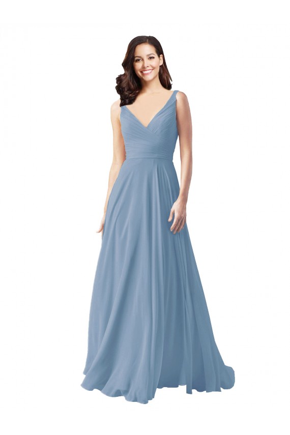 Dusty Blue Chiffon V-Neck Long Sleeveless Wedding Party Dress Toowoomba