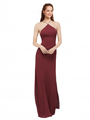 Open Back Burgundy Soft Chiffon Halter Neck Long Sleeveless Formal Dress / Bridesmaid Dress Toowoomba
