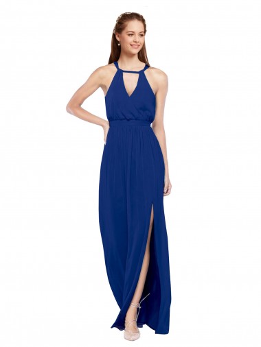 Royal Blue Soft Chiffon High Neck Long Sleeveless Bridesmaid Dress Toowoomba