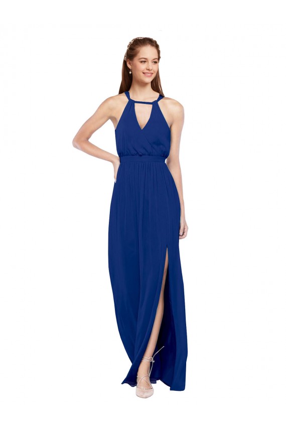 Royal Blue Soft Chiffon High Neck Long Sleeveless Bridesmaid Dress Toowoomba