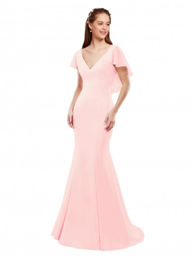 V-Back Pink Soft Chiffon V-Neck Long Flutter Sleeves Bridesmaid Dress Toowoomba