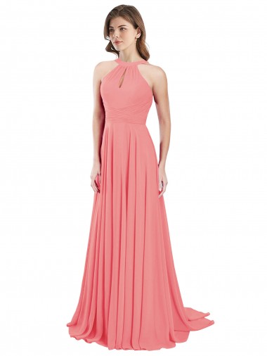 Open Back Watermelon Chiffon Halter Neck Long Sleeveless Bridesmaid Dress / Evening Dress Toowoomba