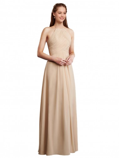 Low Back Champagne Soft Chiffon Halter Neck Long Sleeveless Bridesmaid Dress Toowoomba