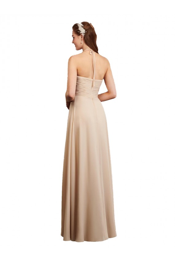 Low Back Champagne Soft Chiffon Halter Neck Long Sleeveless Bridesmaid Dress Toowoomba