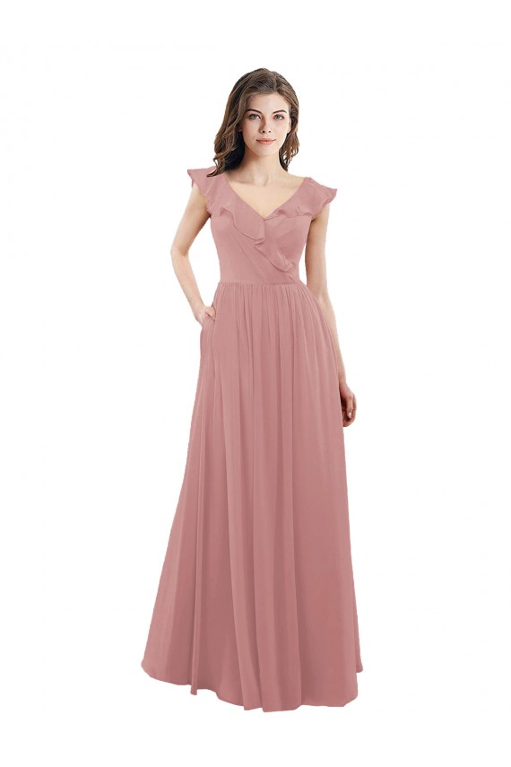 V-Back Dusty Pink Soft Chiffon V-Neck Long Cap Sleeves Bridesmaid Dress Toowoomba