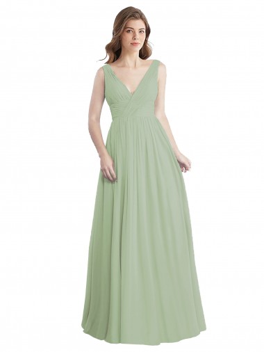 V-Back Smoke Green Soft Chiffon V-Neck Long Sleeveless Formal Dress / Bridesmaid Dress Toowoomba