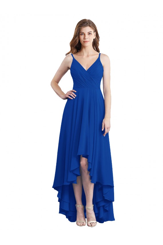 Open Back Royal Blue Soft Chiffon Spaghetti Straps Long Sleeveless High Low Bridesmaid Dress Toowoomba