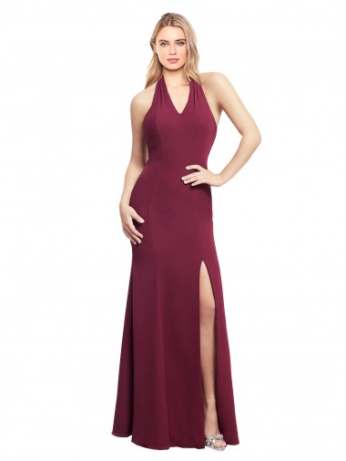 Open Back Burgundy Soft Chiffon Halter Neck Long Sleeveless Bridesmaid Dress Toowoomba