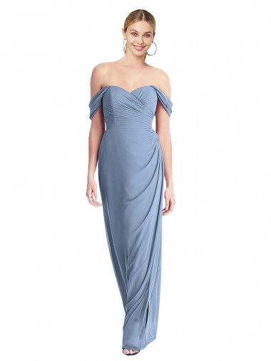 Low Back Dusty Blue Soft Chiffon Off the Shoulder Long Sleeveless Semi Formal Evening Dress / Bridesmaid Dress Toowoomba