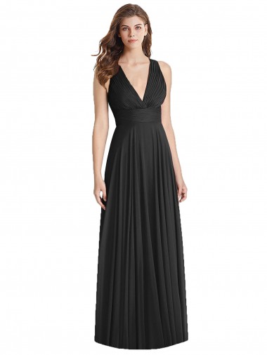Open Back Black Soft Chiffon V-Neck Long Sleeveless Bridesmaid Dress Toowoomba