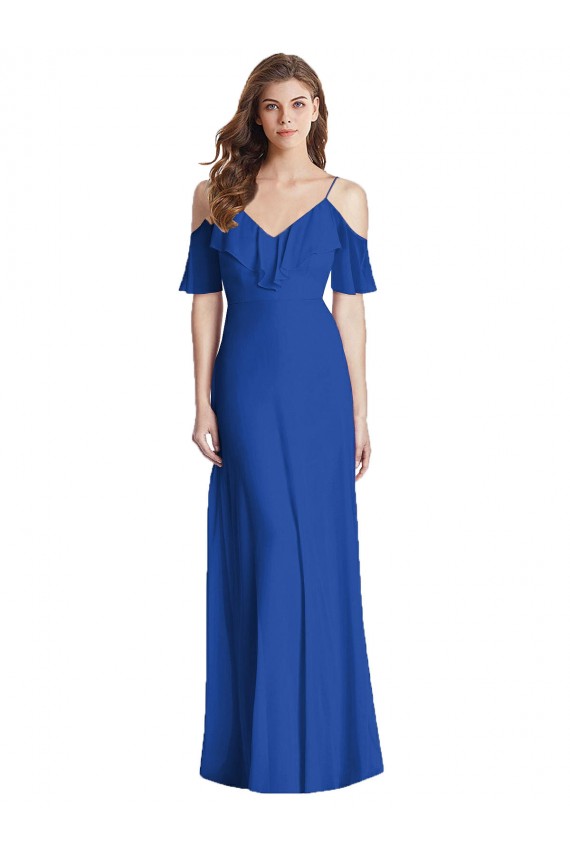 V-Back Soft Chiffon Spaghetti Straps Long Cold Shoulder Semi Formal Evening Dress / Bridesmaid Dress Toowoomba