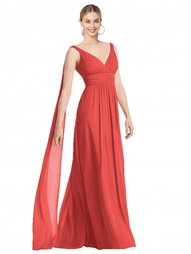 Low Back Firecracker Soft Chiffon V-Neck Long Sleeveless Bridesmaid Dress Toowoomba