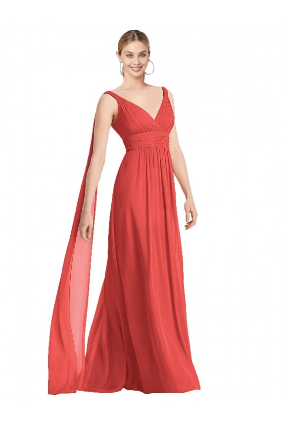 Low Back Firecracker Soft Chiffon V-Neck Long Sleeveless Bridesmaid Dress Toowoomba