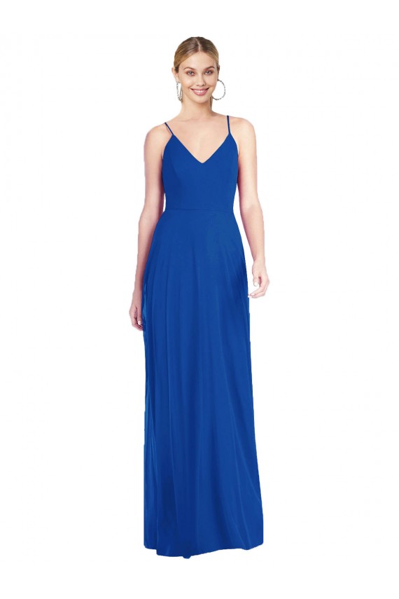 Open Back Royal Blue Soft Chiffon Spaghetti Straps Long Sleeveless Formal Dress / Bridesmaid Dress Toowoomba