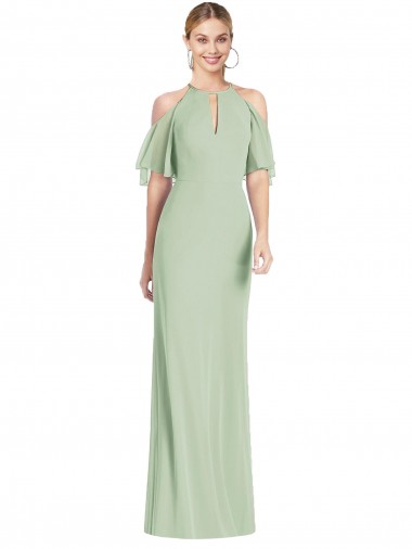 Soft Chiffon Halter Neck Long Cold Shoulder Semi Formal Evening Dress / Bridesmaid Dress Toowoomba