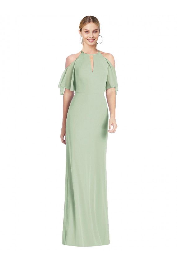 Soft Chiffon Halter Neck Long Cold Shoulder Semi Formal Evening Dress / Bridesmaid Dress Toowoomba