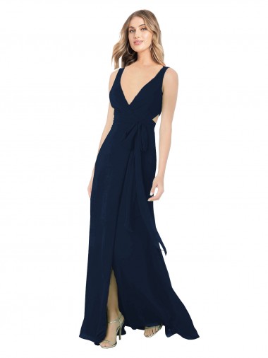 Dark Navy Chiffon V-Neck Long Sleeveless Bridesmaid Dress / Evening Dress Toowoomba