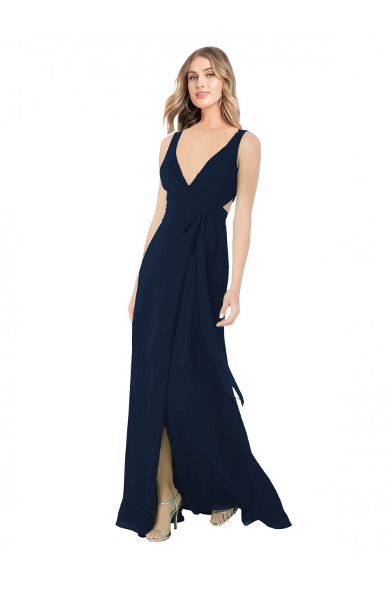 Dark Navy Chiffon V-Neck Long Sleeveless Bridesmaid Dress / Evening Dress Toowoomba