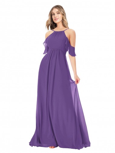 Plum Purple Soft Chiffon Off the Shoulder Long Cold Shoulder Bridesmaid Dress Toowoomba