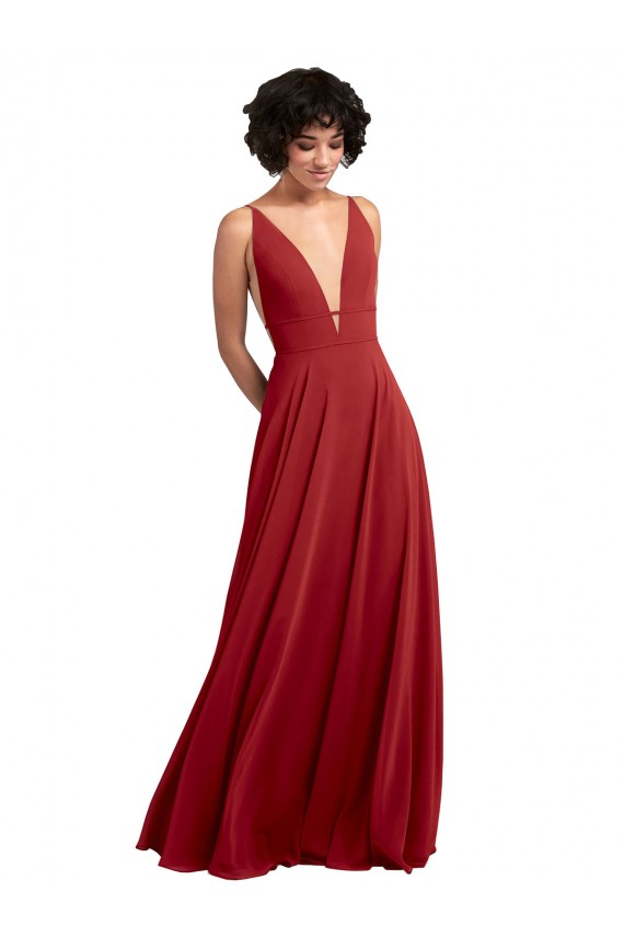 V-Back Red Lxue Chiffon V-Neck Long Sleeveless Bridesmaid Dress Toowoomba