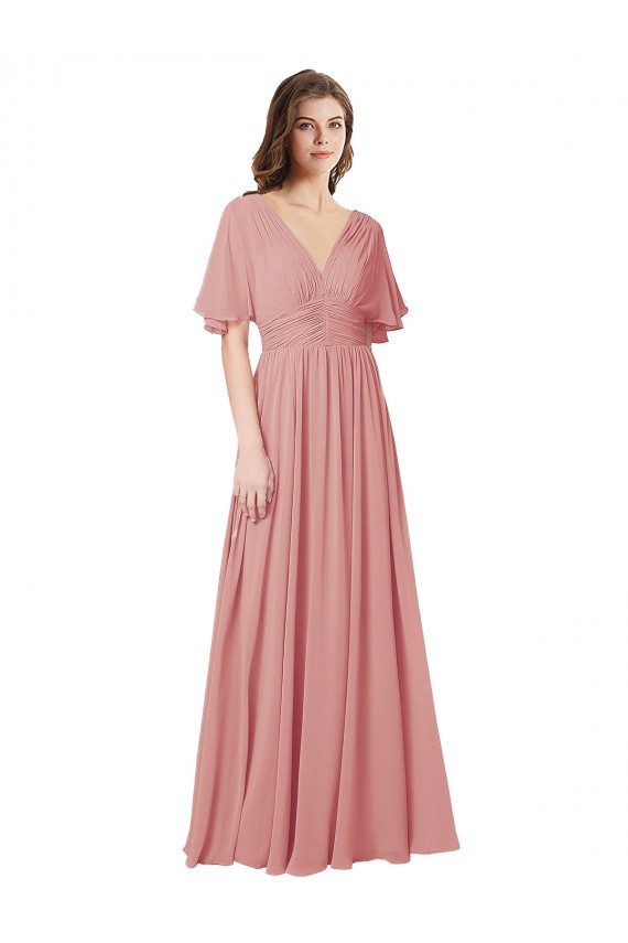 V-Back Bliss Pink Soft Chiffon V-Neck Long Flutter Sleeves Bridesmaid Dress Toowoomba