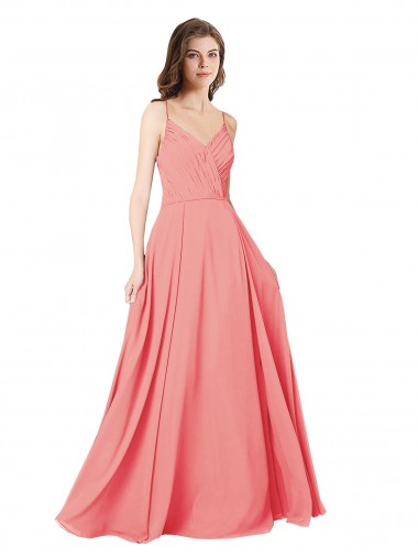Open Back Watermelon Soft Chiffon V-Neck Long Sleeveless Bridesmaid Dress Toowoomba
