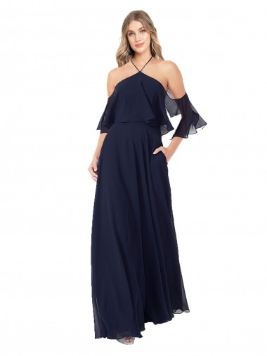 Soft Chiffon Halter Neck Long Flutter Sleeves Formal Dress / Bridesmaid Dress Toowoomba