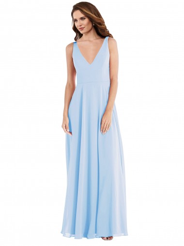 Light Sky Blue Soft Chiffon V-Neck Long Sleeveless Semi Formal Evening Dress / Bridesmaid Dress Toowoomba