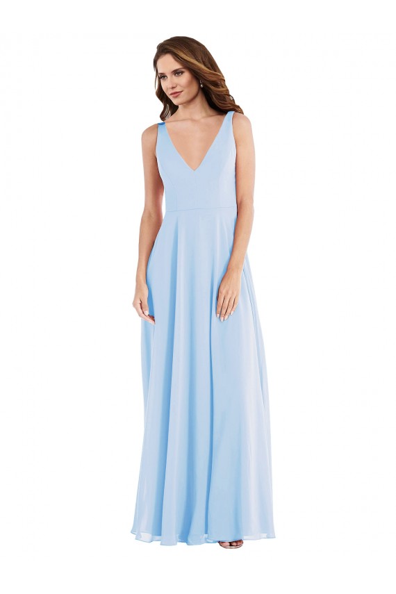 Light Sky Blue Soft Chiffon V-Neck Long Sleeveless Semi Formal Evening Dress / Bridesmaid Dress Toowoomba