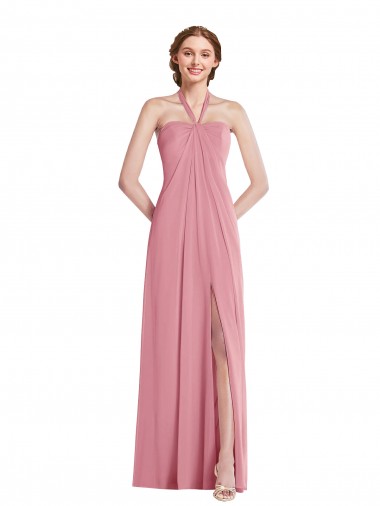 Open Back Skin Pink Soft Chiffon Halter Neck Long Sleeveless Semi Formal Evening Dress / Bridesmaid Dress Toowoomba