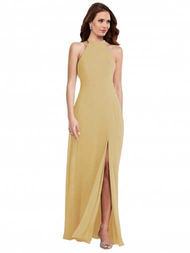 Open Back Gold Soft Chiffon Halter Neck Long Sleeveless Semi Formal Evening Dress / Bridesmaid Dress Toowoomba
